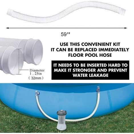 Lot de 2 tuyaux de rechange pour piscine, accessoire pour pompe de filtration avec 4 clips métalliques, tuyau de 150 cm (59 pouces) de long pour pompe Intex 607637, accessoires pour piscine (1/2)