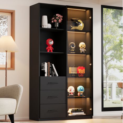 Vetrina/libreria a LED 80x40x160 cm con 3 cassetti, 3 ripiani e anta in vetro temperato - nera (1/5)