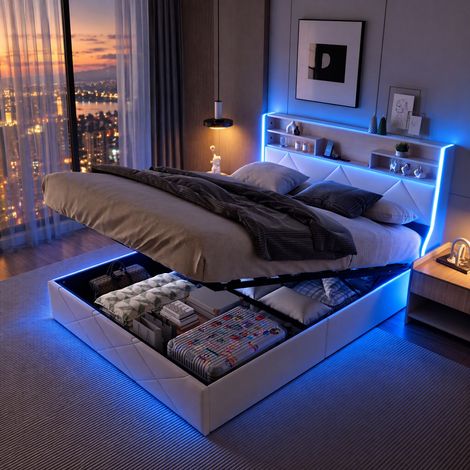 JOOKGBD-Letto Contenitore 140x200 cm,Letto Matrimoniale Imbottito con Illuminazione LED e Carica USB,Testiera con Ripiano,Rete a Doghe,Letto Adolescenti Adulti,PU,Bianco