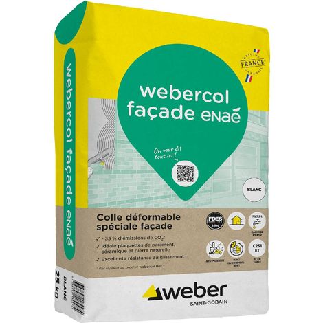 Weber Saint-Gobain Colle déformable spéciale façade, 25kg, Blanc, pose de plaquettes, carrelages, pierres naturelles, Webercol façade