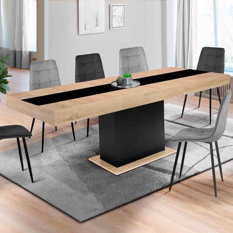 Mesa de comedor extensible EDEN 6-10 personas madera y banda central negra 160-200 cm