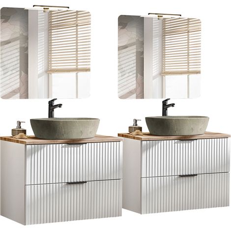 Badezimmer Doppel-Waschplatz Set matt weiß Rillenoptik ADELAIDE-56-WHITE 80 cm Spiegel & 2 Waschtische mit Keramikbecken (1/5)