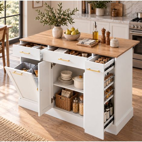 Îlot de cuisine avec plateau rabattable 120 cm, profondeur extensible à 70 cm, meuble blanc, 2 tiroirs, rangement latéral et compartiment poubelle – CHICFURN (1/5)