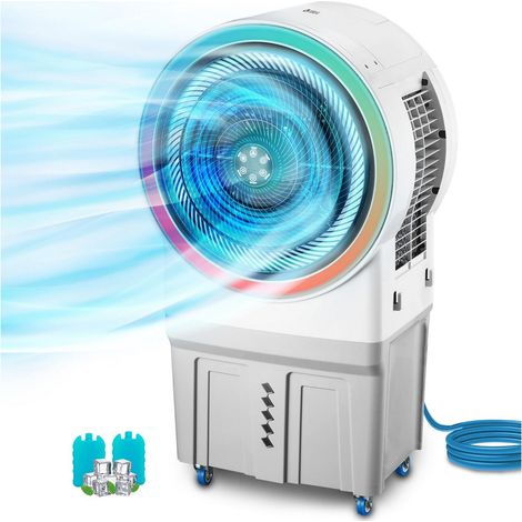 Ventilatore Raffrescatore d’Aria Evaporativo 150W – Tanica 50L con Collegamento Diretto Acqua, LED RGB, Timer e Telecomando, Ideale per Capannoni, Ristoranti, Eventi (1/5)