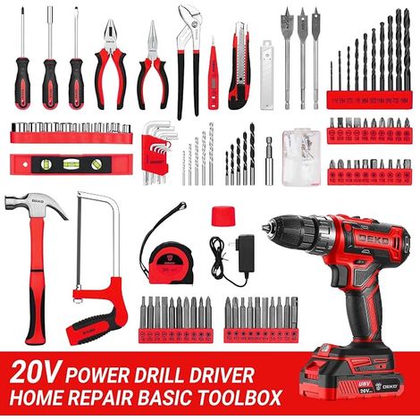 DEKO Complete Tool Box 186 Pieces: Red Tool Box with Cordless Drill 20 V, 1.5 Ah Battery, for Home, Office and Car, for Daily Maintenance (1/4)