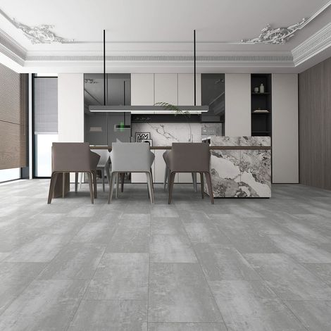 Dalle vinyle SPC clipsable Mirox aspect carrelage effet béton gris moyen avec sous-couche acoustique intégrée Pack de 12 dalles (2,230 m²) (1/5)
