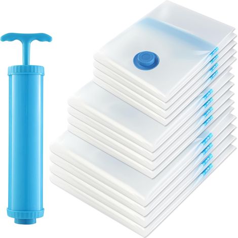 Sac de rangement sous vide,12 sac sous vide vetement aspirateur,3 styles (4 100x80, 4 80x61, 4 60x41)+ 1 pompe à main sous vide,sac rangement sous vide aspirateur pour ranger les vêtements et couettes (1/5)