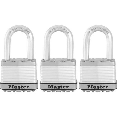 Master Lock – Lot de 3 cadenas à clé – Acier laminé – Double verrouillage – Résistant aux intempéries – Anse 9mm – Sécurité optimale extérieure - M5EURTRILF (1/6)