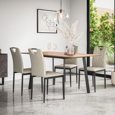 Haydon Extending Dining Table And Chairs -  Oak Effect Table Top w Black Legs + Monza Linen Dining Chair Set Of 4 (Beige) (1/5)