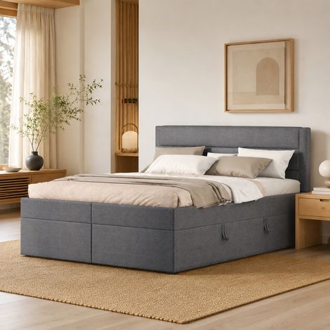 cama tapizada 140x200 con almacenaje gris, metal y madera, apertura bilateral - CHICFURN (1/5)