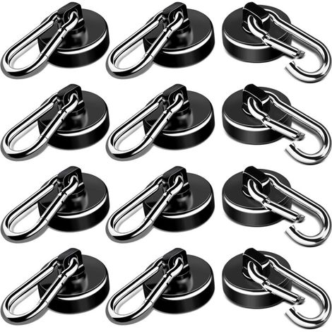 Ganci magnetici resistenti, portata 22 kg, con moschettone girevole, adatti per frigoriferi da cucina, ecc. - Confezione da 12, neri