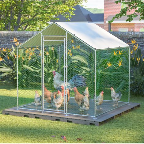 Enclos grillagé pour poules 2 x 2 x 2 m avec toit PE étanche, acier galvanisé, argenté (1/5)