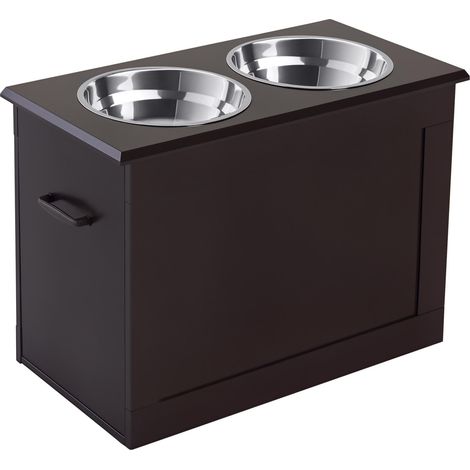 PawHut Gamelles chiens surélevées gamelle double chien chat Porte-gamelles surélevé dim. 60L x 30l x 41H cm 2 gamelles 2L poignées coffre bois chocolat
