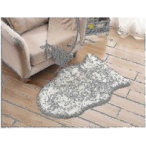 Tapis en fausse fourrure de mouton (blanc/gris) moelleux pour salon, chambre, sol, tapis doux et confortable, décoration intérieure (1/3)