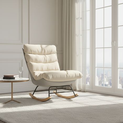 Tanant – Fauteuil à bascule en tissu beige – Dossier confortable – Pieds en bois – Dimensions 83x54x93cm – Pour salon, chambre et balcon (1/5)