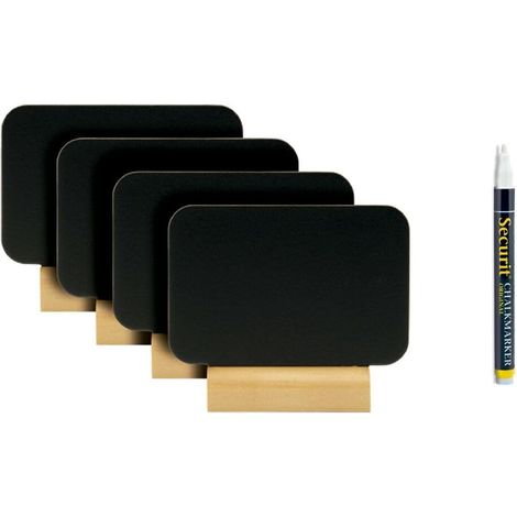 SECURIT - Set Da 4 Lavagne Da Tavolo Rettangolo - Per Pennarelli A Gesso Liquido - Per Caffè, Ristoranti, Bar - Inserto Rimovibile - Base In Legno Laccato - 7x19x2cm - 1 Pennarello Incluso (1/5)