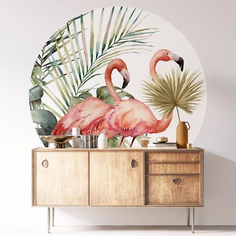 Sticker mural rond / cercle - Flamants Roses - Diamètre 30 cm - Adhésif MAT (1/3)