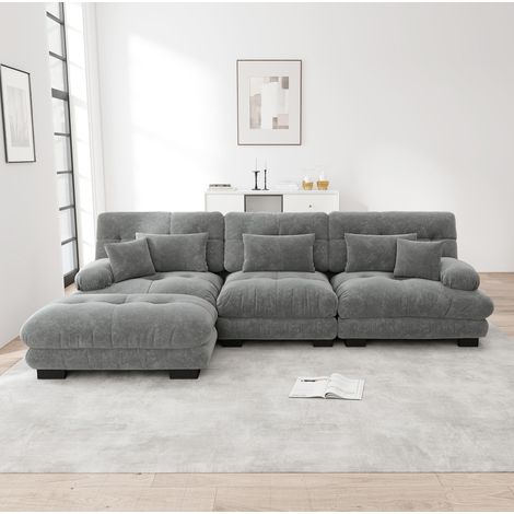 Divano angolare modulare in ciniglia grigia, forma a L con ottomana, 313 x 145 x 81 cm DESVIAE (1/5)