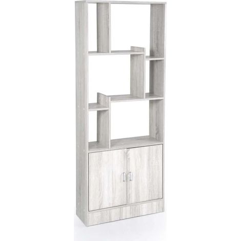 Librería de madera Atena 70 x 24 x 170 cm con 2 puertas correderas y estantes abiertos, color blanco madera