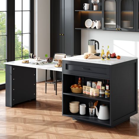 Table bar extensible 133-202x70x93.5 cm noire en MDF avec rangement et plan effet marbre (1/5)