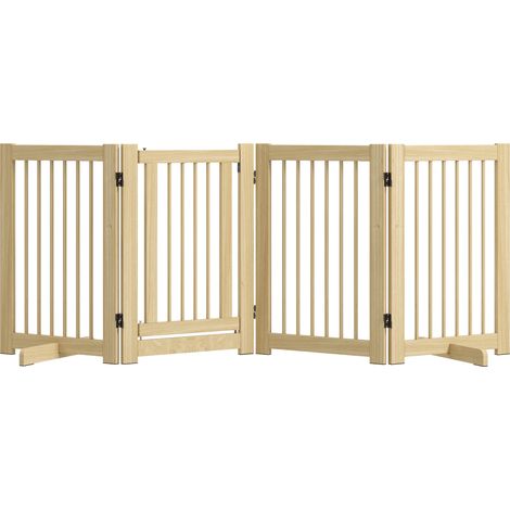Barrière pour chien 4 panneaux pliable avec porte et pieds stabilisateurs, bois de pin, autoportante pour couloir, cuisine et escalier, rangement compact CHICFURN (1/5)