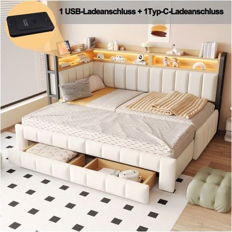 Lit gigogne 90x200 cm extensible 180x200, LED, USB, Type-C - Lit gigogne avec tiroirs - Velours beige, rangements chics et pratiques (1/5)