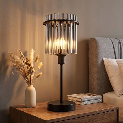 LED Tischleuchte Beistelllampe Schlafzimmerlampe Nachttischlampe Tischlampe, Metall schwarz Glasstäbe rauchfarben, 1x E14 Filament LED warmweiß, H 37,5 cm (1/5)