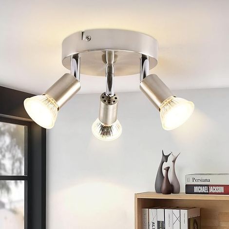 Plafonnier LED GU10 3 Spots argenté orientable 350°  Lampe de plafond pour cuisine, salon et chambre, spots LED intérieurs sans ampoules (1/5)