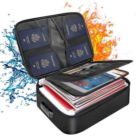 Boîte à documents ignifuge, 14,2'' × 10,6'' × 4'', grande capacité, sac à documents ignifuge à 3 couches avec serrure, boîte de rangement de fichiers ignifuge pour passeports, certificats, dossiers ju (1/5)