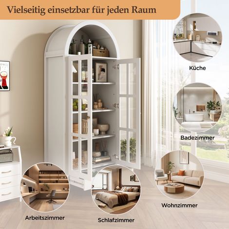 Vitrine colonne moderne avec arche, portes en acrylique, étagères réglables et tiroir, pour salon, bureau et salle à manger (1/5)