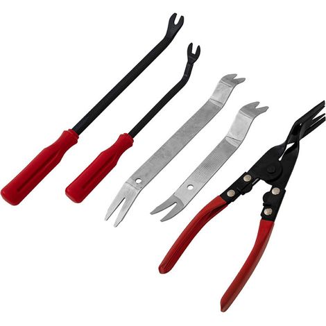 Werkzeugset zur Modifizierung des Innenraums des Autoradios (5-teilig): Schalldämmclipzange, Werkzeug zum Abkratzen von Reparaturfolien und Werkzeug zum Entfernen von Metallteilen. (1/4)