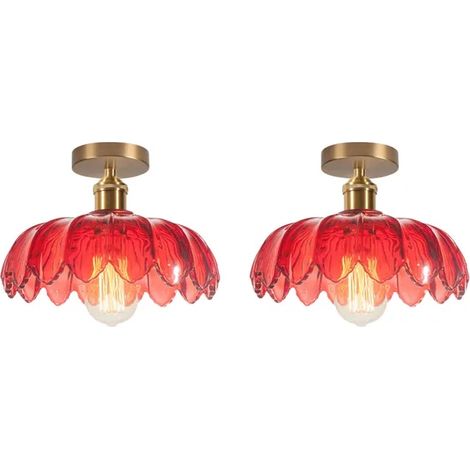 2x Plafonnier Moderne,25cm Lampe de Plafond Vintage Abat-jour en Verre Design Fleurs E27 Lustre Rétro pour Salon Chambre,Rouge (1/5)
