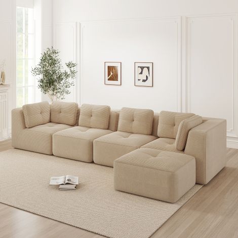 Modulares Wohnzimmersofa ohne Gestell, ein bequemes Viersitzer-Sofa mit tiefer Sitzfläche, weichen Kissen und Cordbezug, kein Aufbau erforderlich und mit rutschfestem Design,Beige 
WL