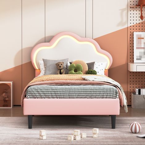 JOOKGBD-Kinderbett 90x200cm,Polsterbett,Prinzessinnenbett mit verstellbarem LED-Kopfteil und Lattenrost,Einzelbetten,Mädchenbett,Jugendbett,Wolkenförmiges Kopfteil,für Kinder und Jugendliche,PU,Rosa