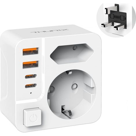 Adaptateur Prise Anglaise, 6 in 1 Adaptateur Voyage France/Europe vers UK avec 2 USB C et 2 Type A, Adaptateur Type G pour UK Irlande, Malaisie, Singapour, HK, Dubaï, Malte(Blanc) (1/5)