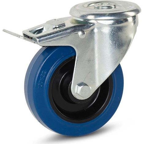 Roulette pivotante freinée - MESO - Caoutchouc élastique bleu - 100mm - 130kg - Trou central