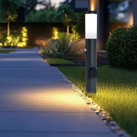 Außenleuchte LED Stehleuchte mit Bewegungsmelder Edelstahl Wegeleuchte Sockelleuchte Gartenleuchte anthrazit, mit 2 Steckdosen,, IP44, 1x 11W 1055lm warmweiß, DxH 13,1x60 cm