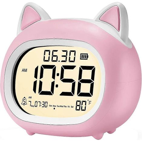 Réveil pour enfants avec veilleuse, réveil numérique pour la chambre, réglage des horaires de sommeil, joli réveil chat rose. (1/5)