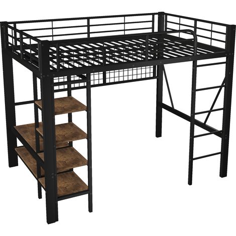Lit mezzanine, 140 x 200 cm, cadre en fer, compartiment de rangement, filet pour suspendre des objets, avec barre de penderie, espace ouvert sous le lit, avec bande lumineuse LED, sans matelas, noir