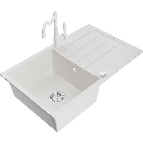 Mexen Bruno fregadero de granito de 1 seno con escurridor y grifo de cocina Carla, blanco - 6513-20-670700-20 (1/5)