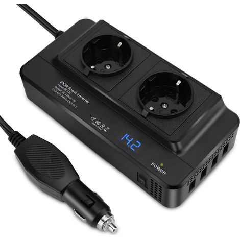 Convertitore/trasformatore di potenza per auto da 12V a 220V, adattatore inverter per auto da 200W con spina accendisigari, 4 porte USB e 2 spine europee, convertitore di potenza (1/5)