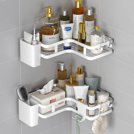 Lot de 2 Etagere Salle de Bain Accessoire, Etagere Douche Sans Percage, 5 Pcs Etagere Salle de Bain Sans Percage, Etagere de Douche Sans Percage for Bathrooms or Kitchens - Blanc (1/5)