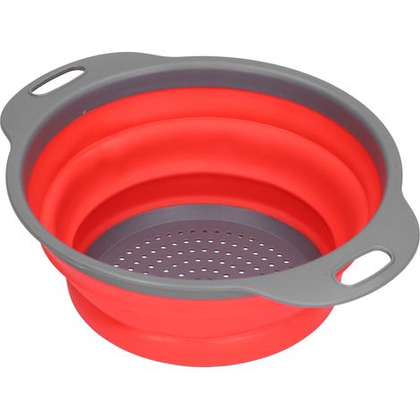 Panier de drainage rond en silicone, pliable, avec poignée, pour fruits et légumes, lavage en cuisine, rouge, petit modèle.