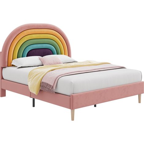 Cama Doble 140 x 200 cm de Terciopelo con Cabecero Regulable y Somier, sin Colchón, Rosa (1/5)