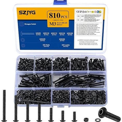 M3 Hex Socket Screws Set 810pcs M3 Pan Head Hex Screws with Nuts and Washers Threaded Screws Assortment Bike Machine Screws M3 (1/5)