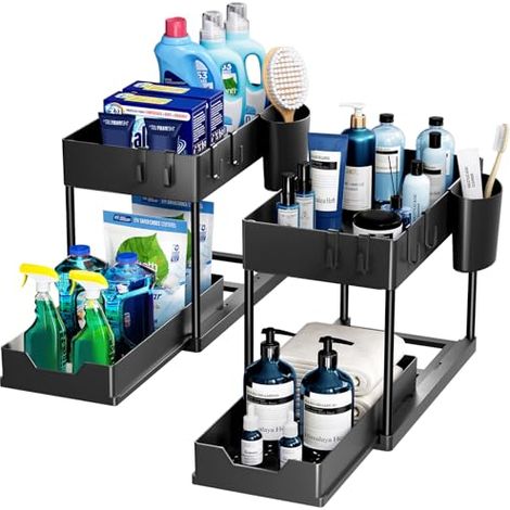 Lot de 2 Rangement sous Évier à 2 Étages, Organisateur Cuisine avec Tiroirs Amovibles, Rangement Coulissant sous Évier, Organisateur Placard, Étagère, Panier Coulissant pour Cuisine -Noir (1/4)