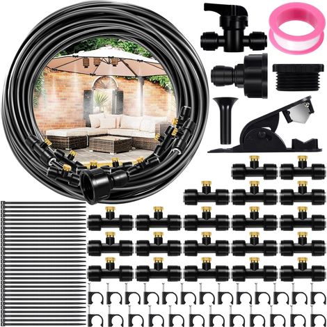 Kit Système de Brumisation 18M, 20 Buses en Laiton, Tuyau PE Anti-UV pour Jardin, Terrasse, Piscine
