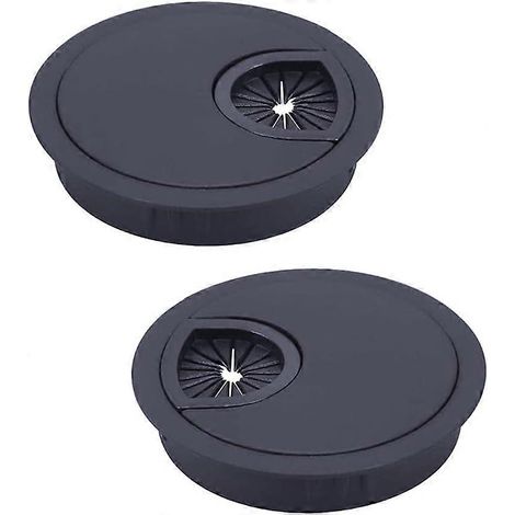 Lot de 2 passe-câbles encastrés noirs, ronds, 60 mm, en métal brossé, pour bureau ou table. (1/5)