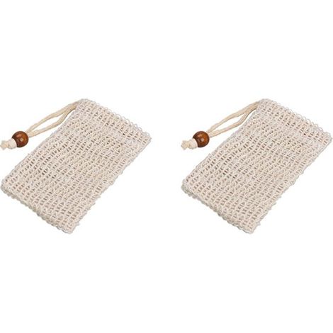 Sachets à savon - Lot de 2 - Coton/lin - Maille à bulles - À suspendre - 14 x 9 cm - Beige (1/5)