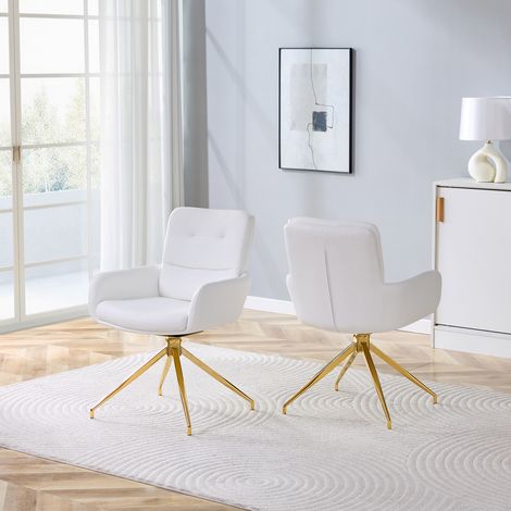 [2 pcs] Chaise pivotante design scandinave luxe légère – Revêtement PU blanc, pieds métal doré, 360°, pour salle à manger & salon (1/4)